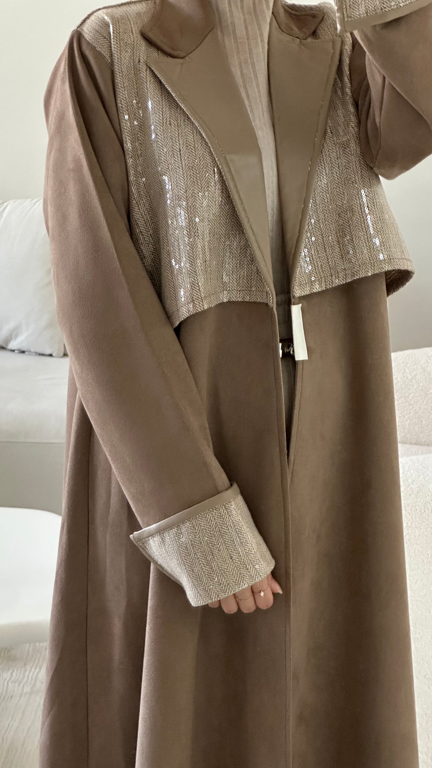 Beige Tweed X Leather Abaya