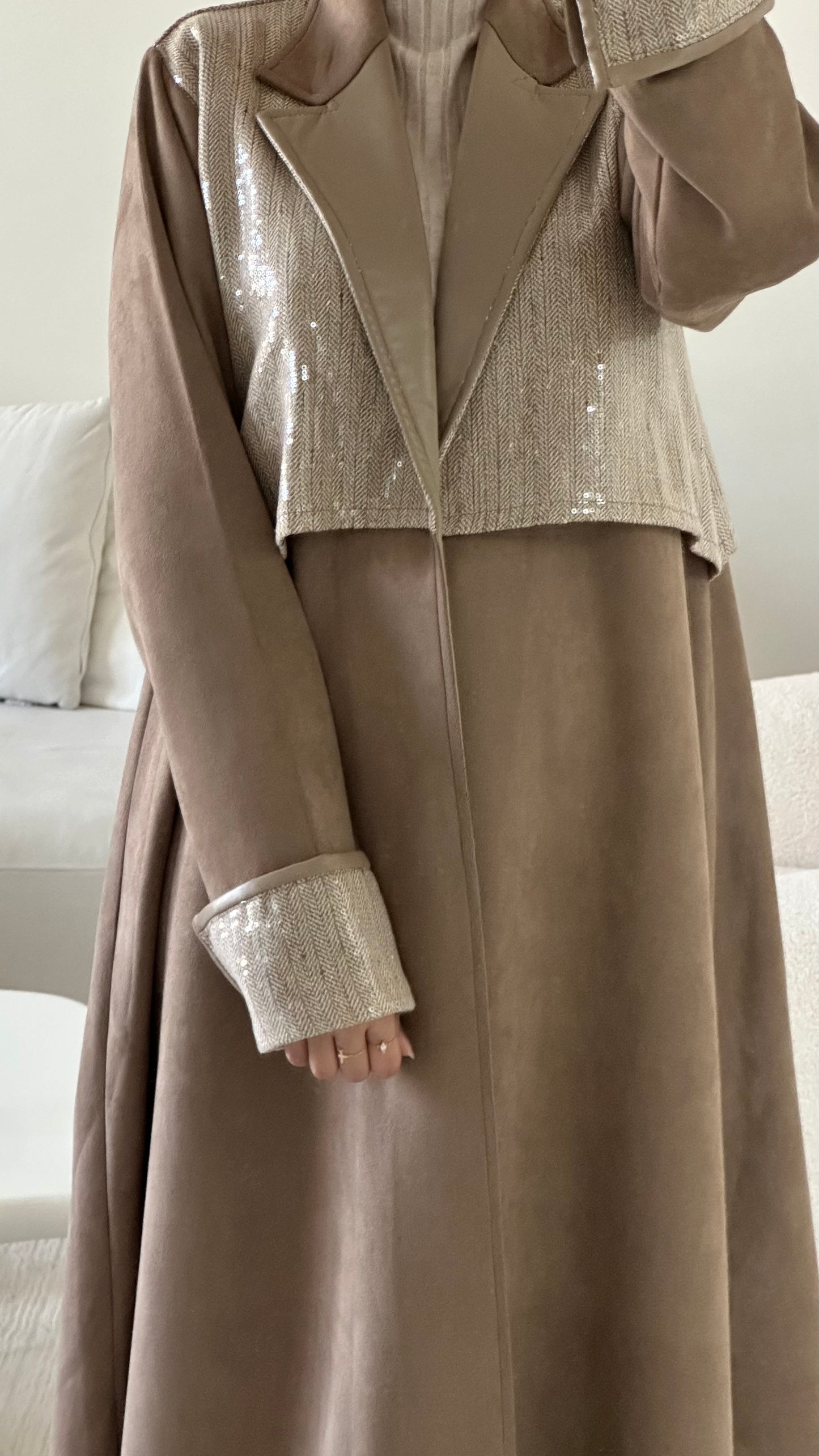 Beige Tweed X Leather Abaya